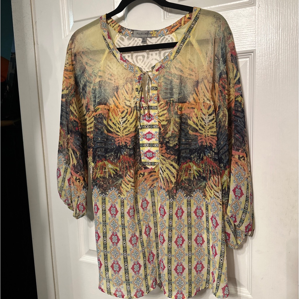Figuero & Flower Women’s Size Xl Sheer Print Boho Blouse Top Romantic Lace Inset